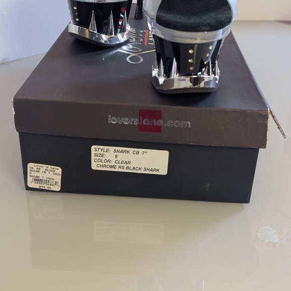 Y2K Tabu Chrome Black Shark Platform Stiletto Stripper Heels Rhinestone Studs 8 - Picture 10 of 12